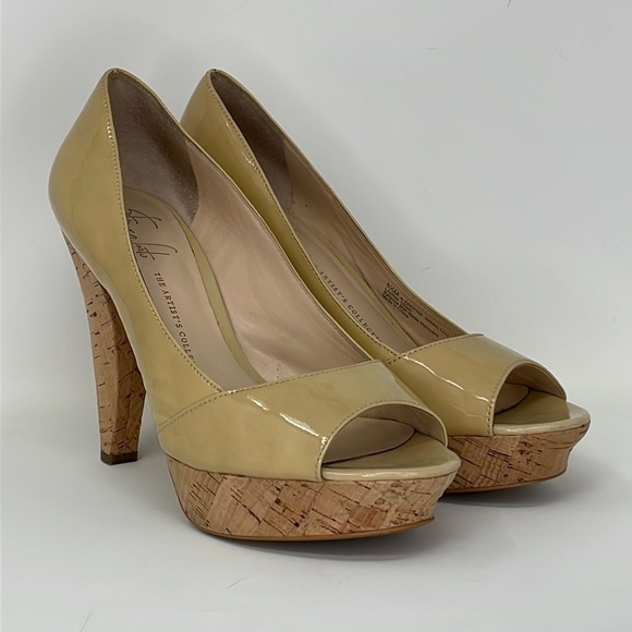 Franco Sarto Heels Nude Patent Pumps Zabrina Peep Toe Shoes Cork Platform 8.5 - Picture 1 of 12